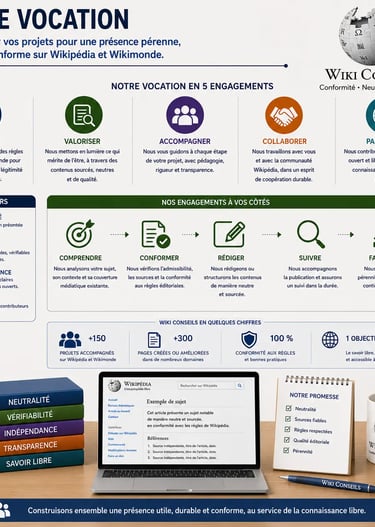 Bureau professionnel avec infographie présentant la vocation de Wiki Conseils