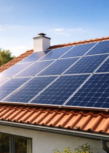 painéis de energia solar instalados em telhado residencial