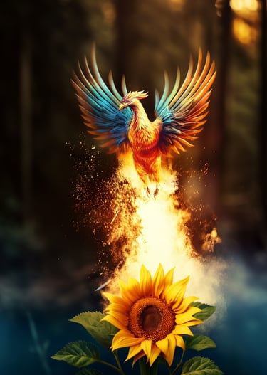 Phoenix rising from the fire behind a sunflower, symbolizing rebirth and healing.