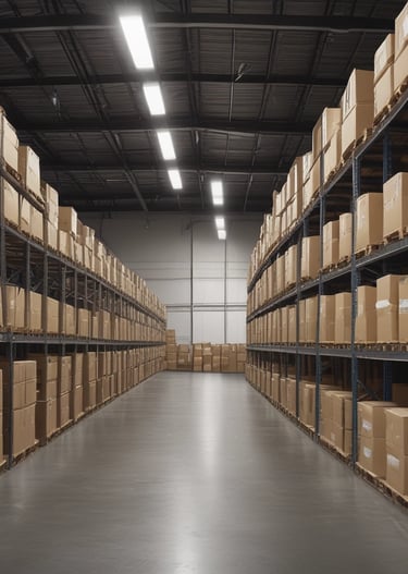 Team members organizing shipments inside the warehouse wearing company uniforms.