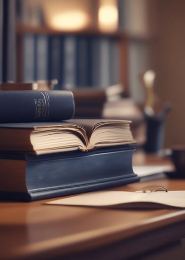 Close-up of hands holding a legal manual with a dark blue and gold cover.