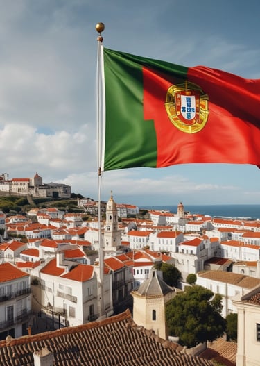Portuguese flag gently waving with a soft focus on a community event for elderly care.