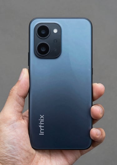 Close-up of hands holding an Infinix smartphone displaying user ratings.