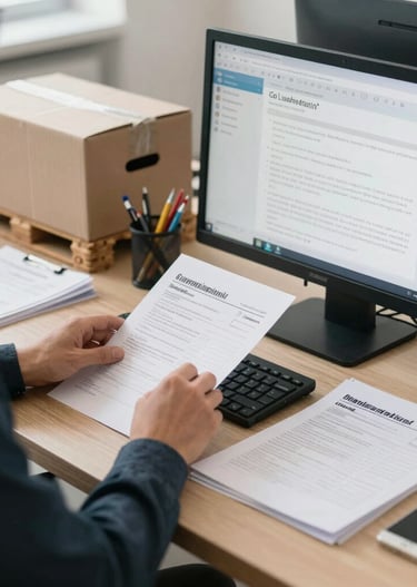 Close-up of hands typing on a laptop with logistics software on screen.