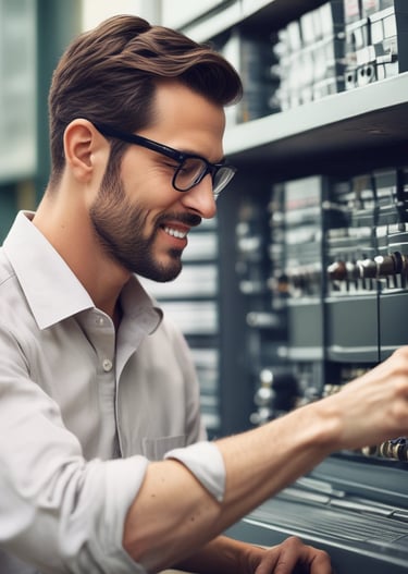 Close-up of hands typing on a laptop with security icons floating above.