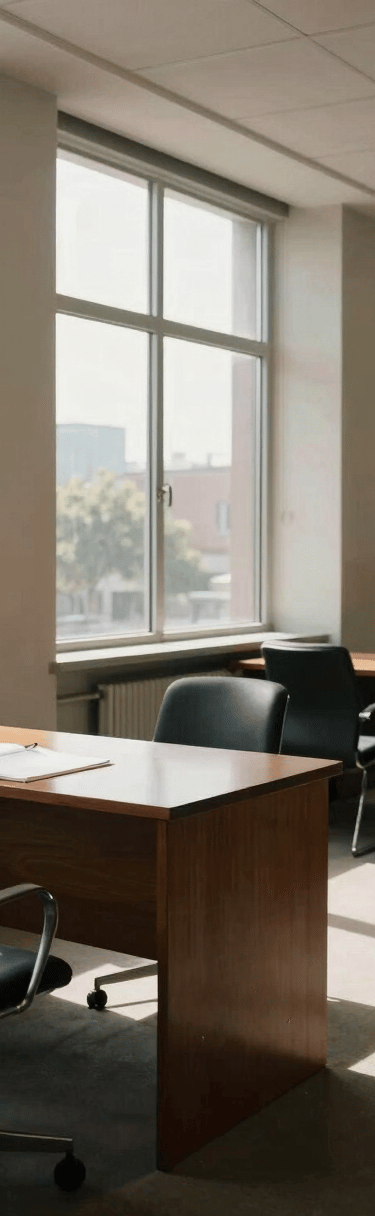 Wide interior of a quiet legal office in natural light — empty chairs, an open file folder on a wooden table, afternoon sun through tall windows casting long rectangles on the floor