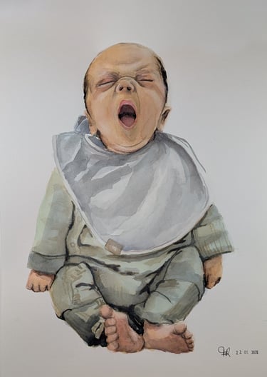 Yawning baby painted in aquarel or watercolor paint personalized by Studio FloraRoos