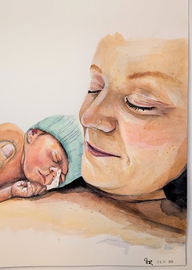 mama met premature baby in aquarel
