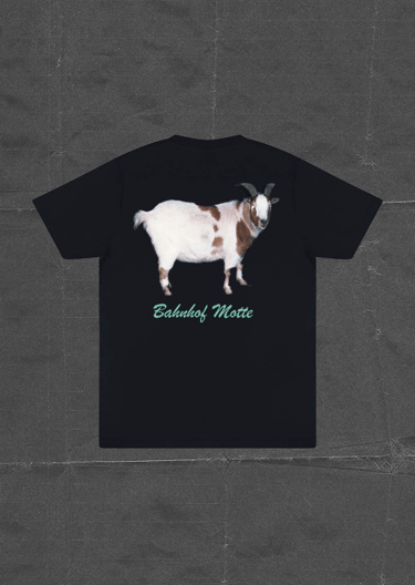 a goat with a goat head and a goat head on a black background, merch, t-shirt, alles tut so weh, exe