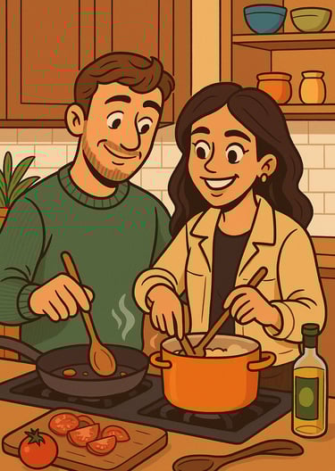 a man and woman cooking in a kitchen