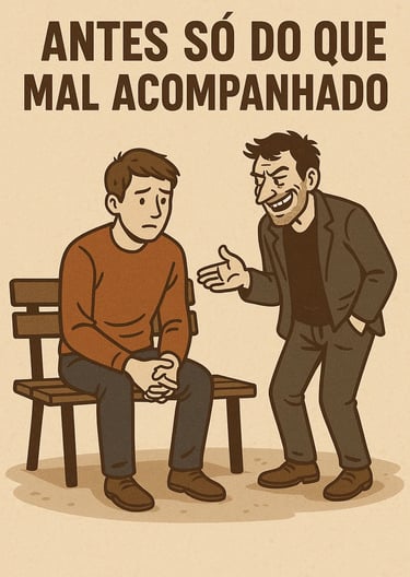 imagem mostra um cartaz com dois homens um bom e outro mal. o homem mau querendo fazer amizade.