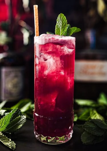 a glass of alcohol with a strawberries and mint leaves