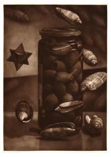 Mezzotint Olive shells Kalamata olives stella Octangula Polyhedron Robert De Groff DeGroff