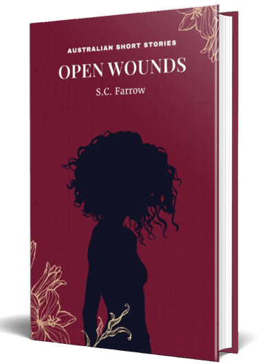 3D cover of a crimson-coloured book cover featuring the silhouette of a woman with a mop of wavy hair and line art flowers