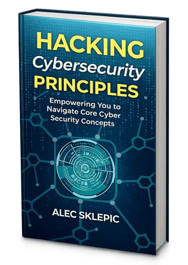 Hacking Cybersecurity Principles book cover by Alec Sklepic featuring a digital blue tech theme.