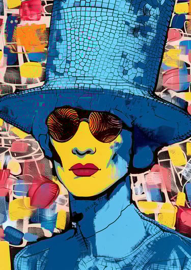 pop art portrait a woman in a blue hat and sunglasses
