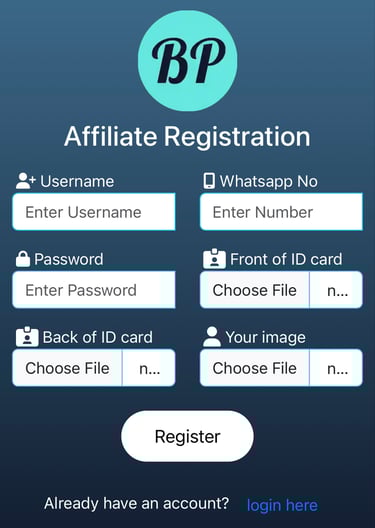 "BetPro10 Affiliate Program - Register by entering username, WhatsApp number, password, uploading fr