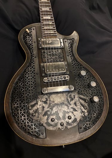 Silverback Ironbrand is a custom les Paul guitar using dark industrial aesthetics front view