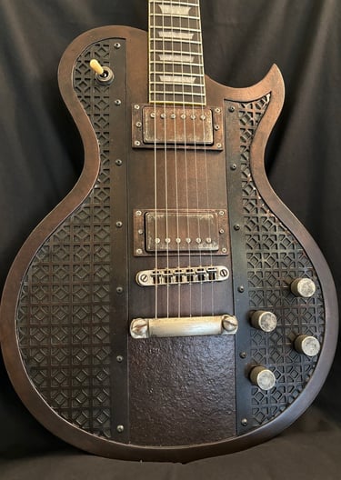 Ironbrand is a custom Les Paul design using Dark Industrial aesthetics front view