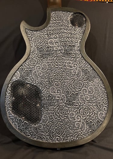 Silverback Ironbrand is a custom les Paul guitar using dark industrial aesthetics back view