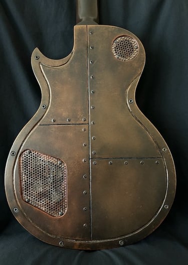 The Bronze is a custom les Paul guitar using dark industrial aesthetics back view