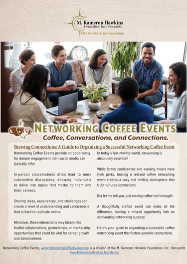 A diverse group of people smiling and talking at a networking coffee event hosted by M. Kameron Hawkins.