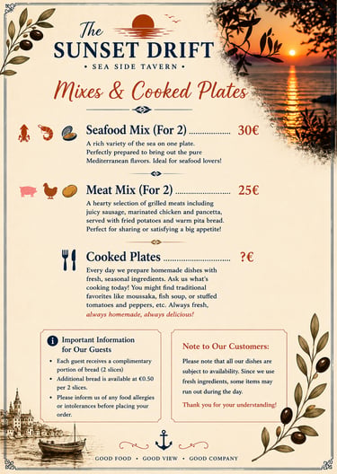 Mixes and cooked plates menu for The Sunset Drift Tavern by John’s Guesthouse, featuring seafood pla