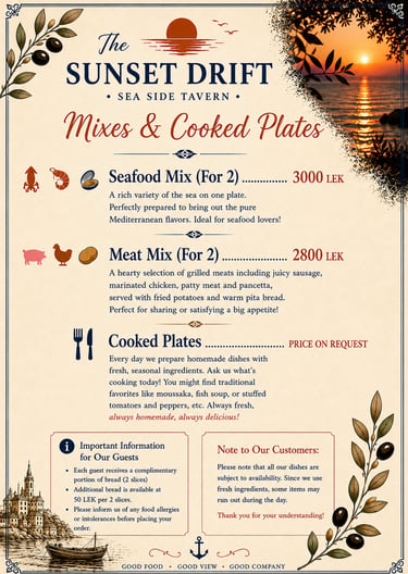 Mixes and cooked plates menu for The Sunset Drift Tavern by John’s Guesthouse, featuring seafood pla