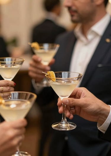 A close-up photography of a high-end Brazilian corporate event in Sao Paulo, guests holding elegant golden-accented cocktails, soft focus background with warm, intimate, and upscale atmosphere, editorial luxury style.