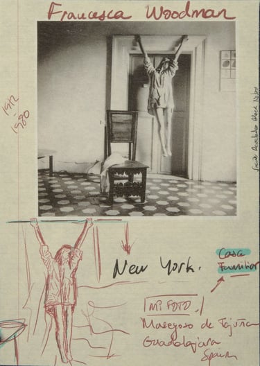 Francesca Woodman, reinterpretación artística contemporánea bordada con hilo rojo