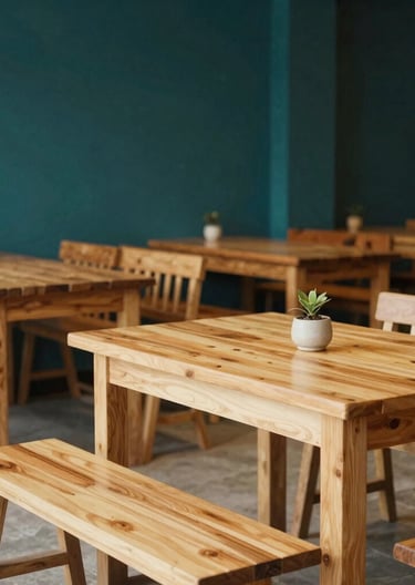 A warm, inviting interior of a clean and modern Javanese warung restaurant in Indonesia. Soft warm light glows on light cream wooden tables and benches, cozy rustic atmosphere with elements of deep teal decor.
