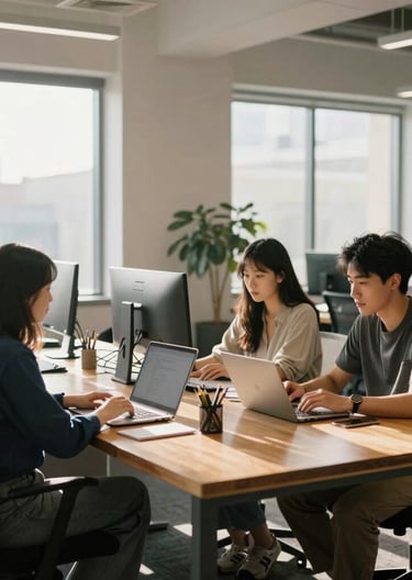 An open-plan North American / US agency office with young professionals working around a large wooden desk, soft morning sunlight, bright vibrant aesthetic.
