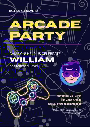 Arcade Birthday Invitation Free Canva Template