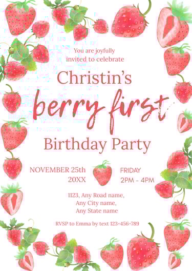 Strawberry Kids Birthday Invitation Template For Girl