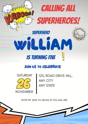 Superhero Comics Birthday Invitation Editable Online Template