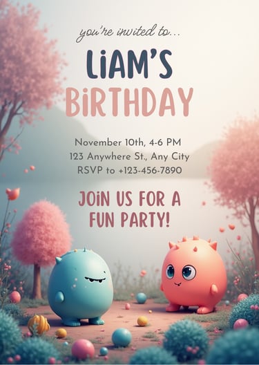 Cutemonsters birthday invitation Canva Online Template