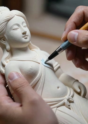 Macro photography showing artistic hands delicately applying paint with a fine brush onto a hand-carved virgin figure in a Chilean craft workshop.