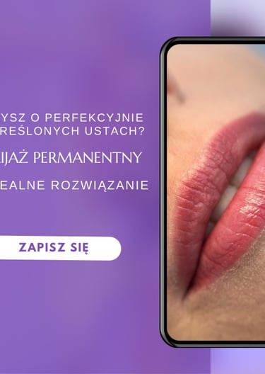 Makijaż permanentny ust, zbliżenie na usta po zabiegu.