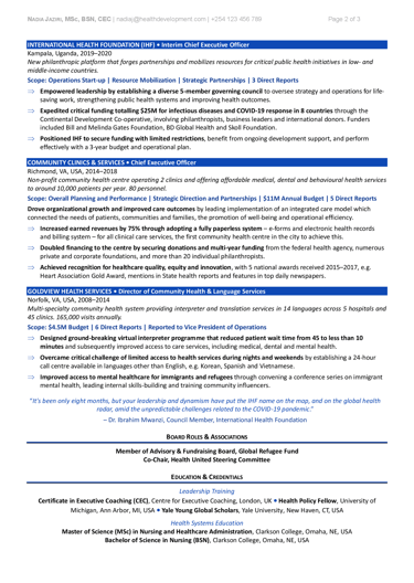 CV sample for career transition, health leadership - TORI Award, page 2