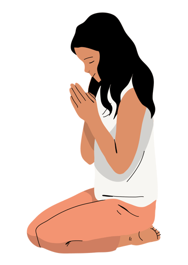 a woman sitting on a bench with her hands clasped together