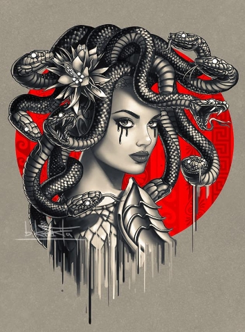 red and black Medusa artwork