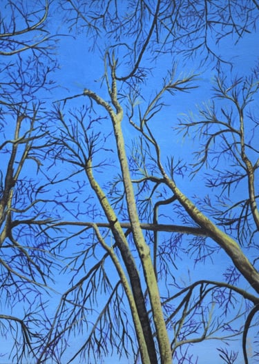 A painting of bare tree trunks and branches against a bright blue sky