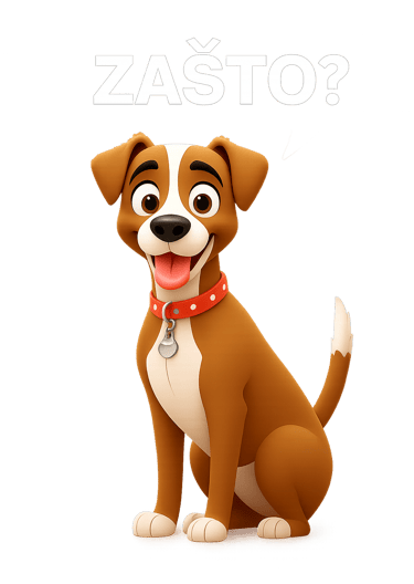 Nasmejani crtani pas sa natpisom ZAŠTO? – deo kampanje veterinara Zemun za besplatnu analizu krvi