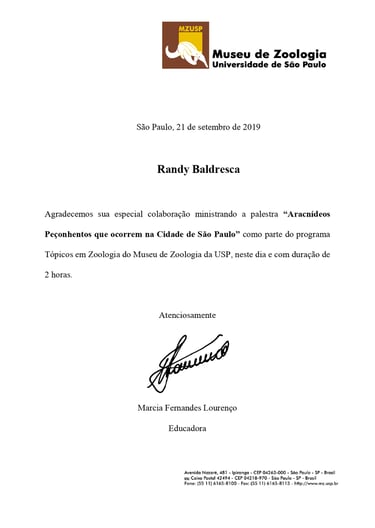 Certificado Palestra USP Biólogo Randy Baldresca