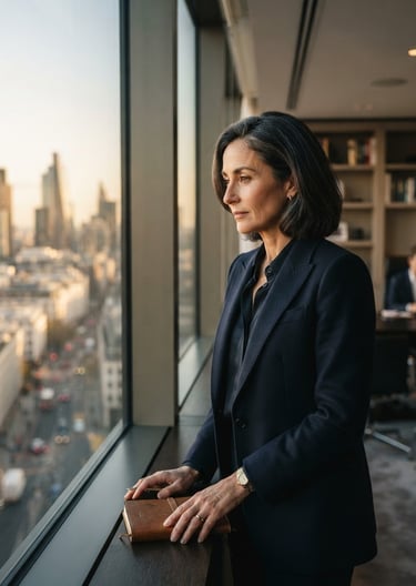 A professional corporate leader looking thoughtfully out a large window, warm natural daylight, shallow depth of field, premium editorial corporate style