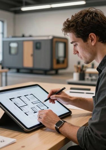 A South African architectural designer in a modern studio setting, reviewing detailed floor plans for a modular cabin project on a large tablet.