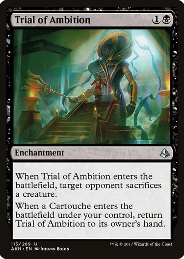 Magic: The Gathering Trial of Ambition black enchantment card featuring a giant god watching a mortal.