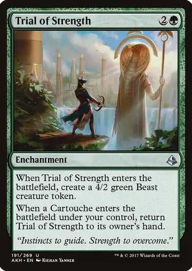 Magic: The Gathering Trial of Strength green enchantment card featuring Egyptian-style warrior and cobra statue.