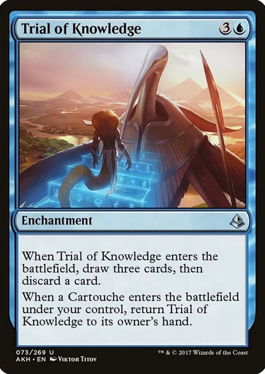 Trial of Knowledge Magic: The Gathering card featuring blue enchantment art of a naga climbing stairs.