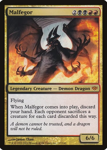 Malfegor Magic the Gathering card featuring a multi-armed winged demon dragon surrounded by fire.